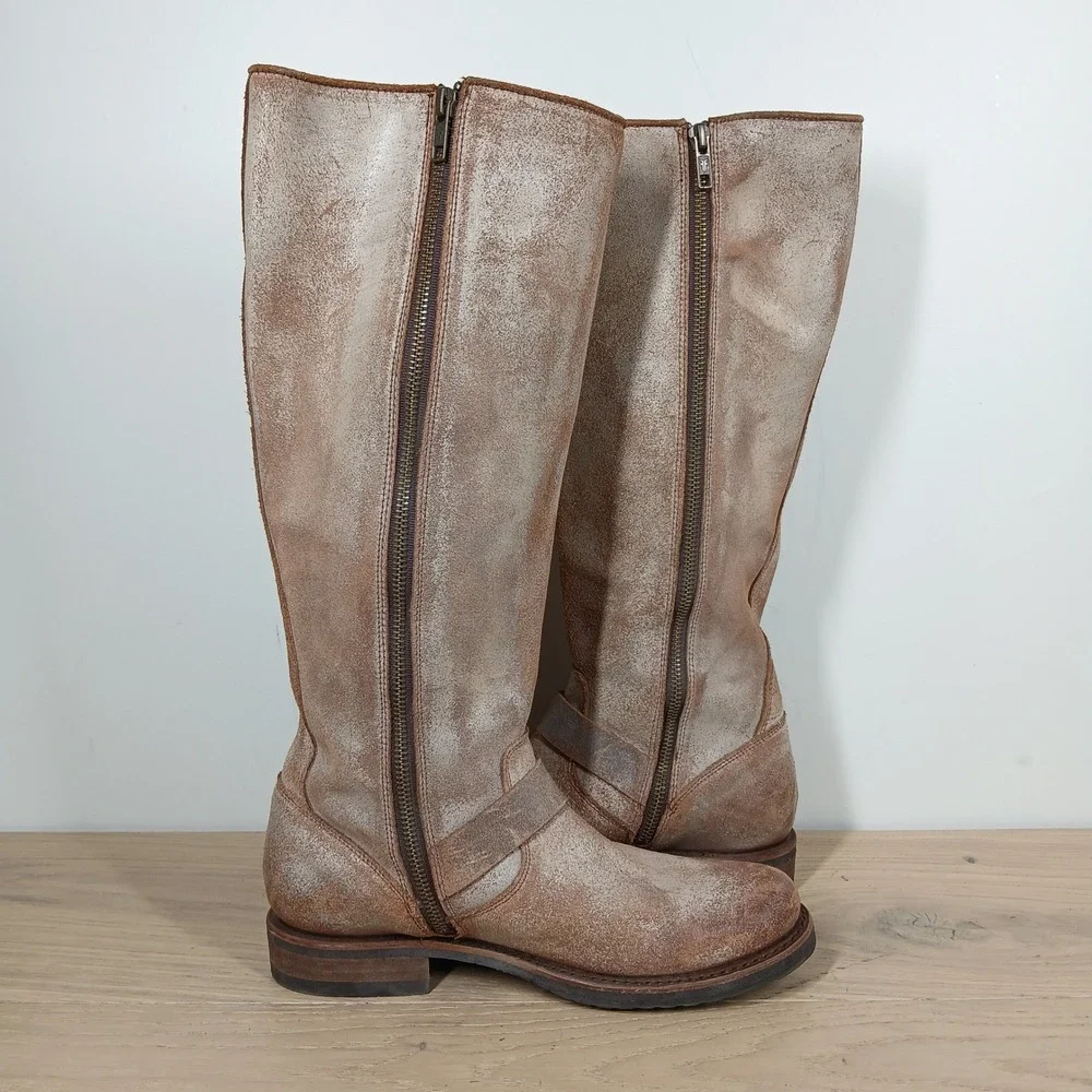 Frye Boots Women 8.5 Beige Leather Knee High Harness Buckle Moto Boho Western